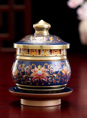 纯铜彷古珐瑯彩供具全套装客厅中式珐瑯彩摆件花瓶香炉水杯供佛灯