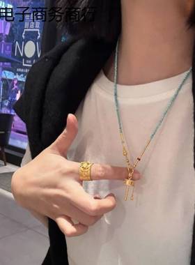 项链女复古2025锤纹串珠绿色新款拨浪鼓金色新中式锁骨链轻奢贵气