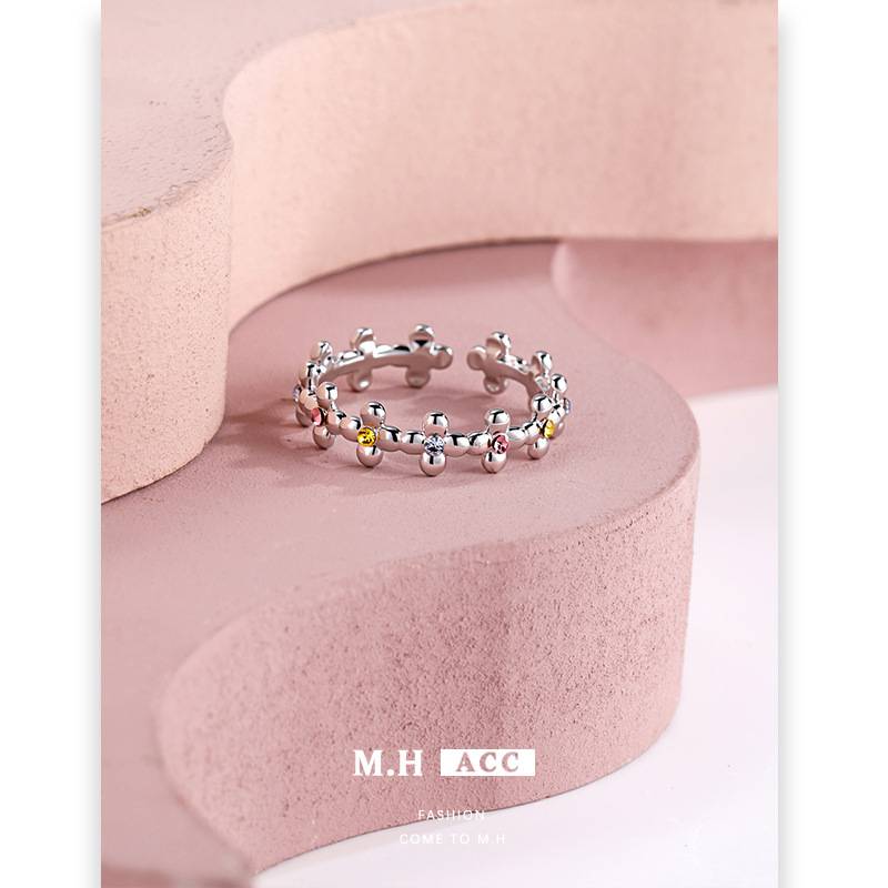 Simple colorful zircon flower ring for women, light luxury, unique and high-end, cute open ring for daily commuting