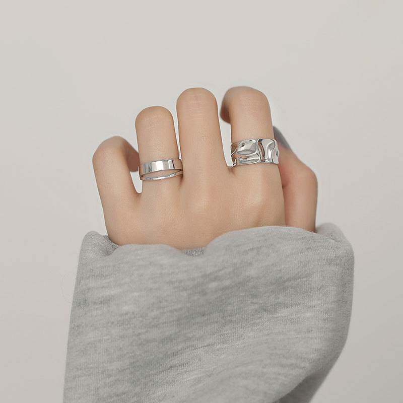 Japanese and Korean irregular concave and convex rings for women 925 sterling silver niche design hollow simple glossy opening index finger ring trendy