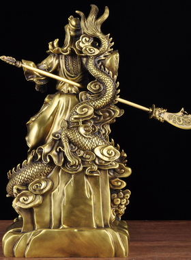 黄铜招财关公摆件大号关公铜像关二爷武财神家居客厅玄关龙装饰品