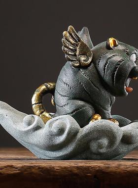 逗兽记青砂石创意鱼缸造景中式福虎添亿彩金茶宠摆件国风桌面装饰