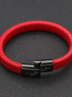时尚简约红色皮绳编织手链男女本命年个性手环黑色手饰.品定制刻
