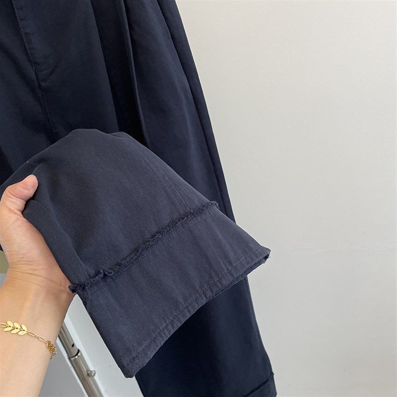 柠波家。卷边宽脚口半松紧腰工装阔腿裤女秋韩系宽松显瘦直筒长裤,淘宝优惠券,粉丝福利购,淘宝优惠卷