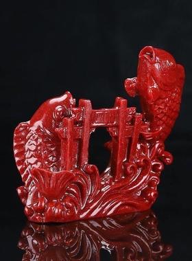 朱砂鲤鱼跃龙门摆件财运滚滚雕刻中国红鲤鱼跳龙门玄关车摆