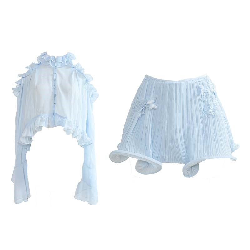 甜梨呆呆  薄荷曼波 夏季套装女微透露肩雪纺衫上衣+半身裙两件套,淘宝优惠券,粉丝福利购,淘宝优惠卷