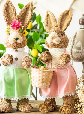 JK慕空间复古田园手工天然草编绅士淑女兔子花园阳台装饰可爱摆件