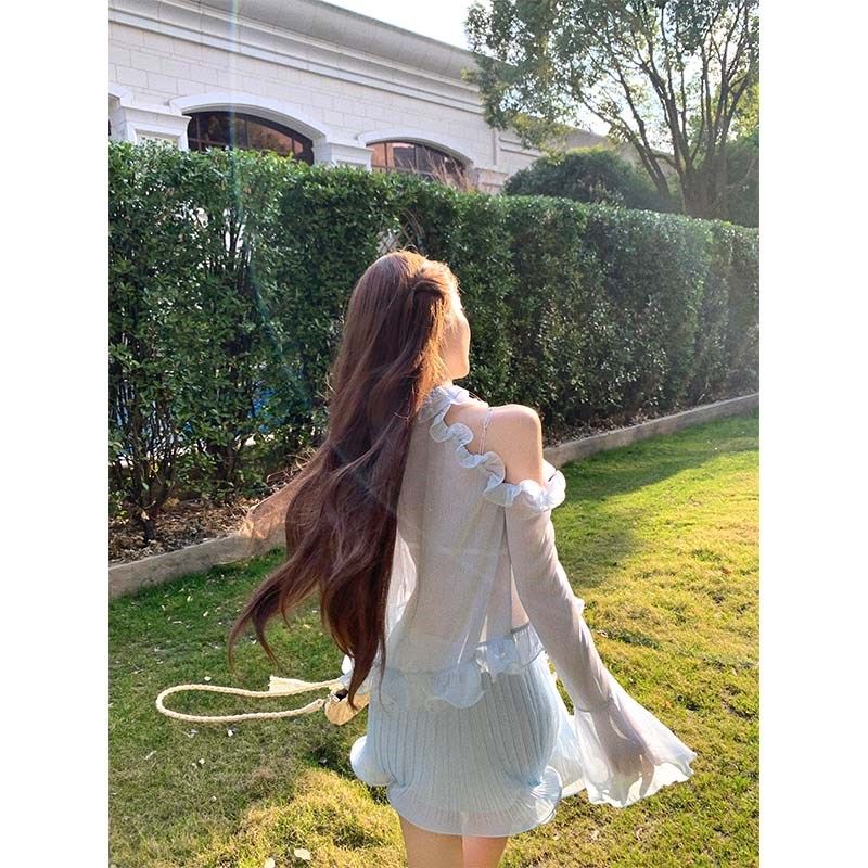 甜梨呆呆  薄荷曼波 夏季套装女微透露肩雪纺衫上衣+半身裙两件套,淘宝优惠券,粉丝福利购,淘宝优惠卷