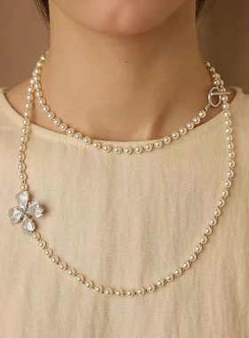 白色珍珠项链女多种戴法花朵吊坠银色锁骨链简约气质时尚百搭饰品