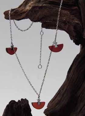 折扇经典燕尾榫项链新中式设计耳环红色扇子项链时尚百搭高级感