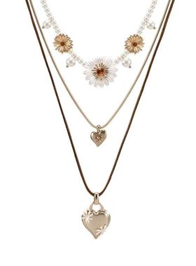 多层叠戴爱心项链雏菊珍珠女轻奢华丽气质复古高级感时尚锁骨链