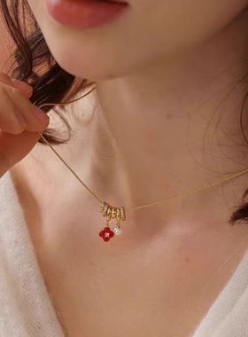 鸿运四叶草项链红色毛衣链新年颈链配饰高级感精致优雅百搭女款