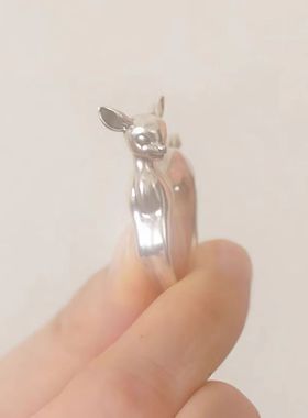 复古银色小鹿造型开口戒指可调节个性创意时尚百搭精致指环饰品