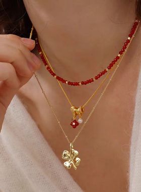 幸运符号四叶草鸿运叠链珍珠项链高级感轻奢气质时尚百搭毛衣链