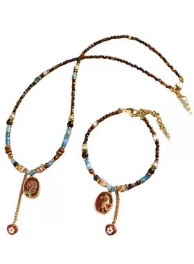 复古秋冬美拉德虎眼石滴油花朵小马项链轻奢高级感百搭锁骨链手链