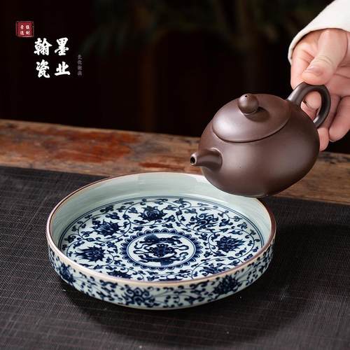 景德镇陶瓷老陶泥元青花缠枝莲壶承单个干泡台复古盖碗托盘茶托 - 图0