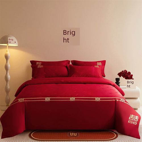 大红色婚礼四件套缎面提花被套婚礼床单亲肤棉加厚拉丝棉床上用品 - 图3