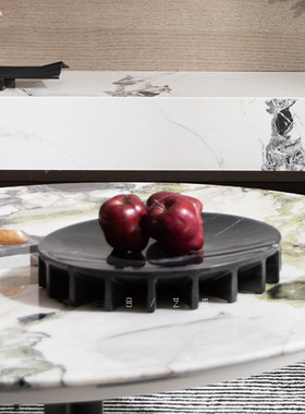空合新中式洞石果盘样板间售楼处餐桌客厅大理石米色黑色托盘摆件