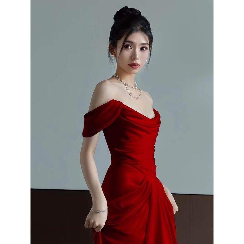 法式红色缎面气质显瘦新娘结婚回门订婚宴会敬酒晚装裙,淘宝优惠券,粉丝福利购,淘宝优惠卷