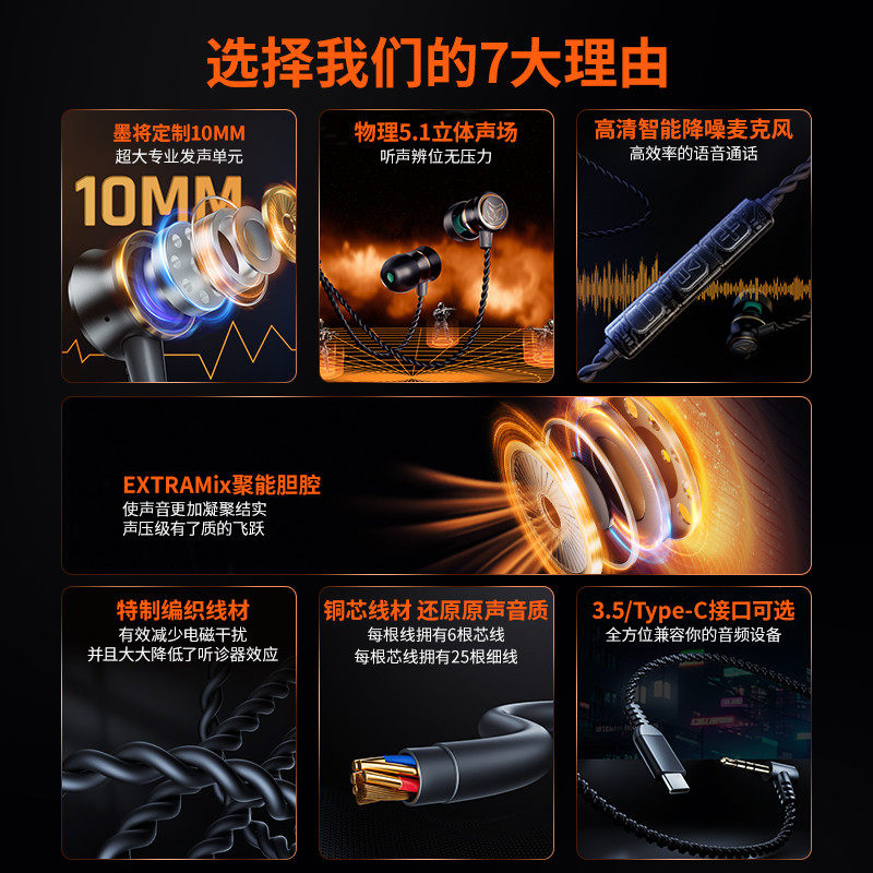 墨将电竞耳机有线入耳式带麦电脑手机降噪吃鸡cf听声辩位,淘宝优惠券,粉丝福利购,淘宝优惠卷