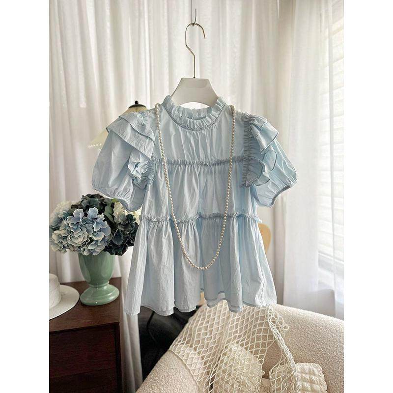 2024新款时尚女夏季设计感圆领木耳边拼接纯色宽松衬衫娃娃衫,淘宝优惠券,粉丝福利购,淘宝优惠卷