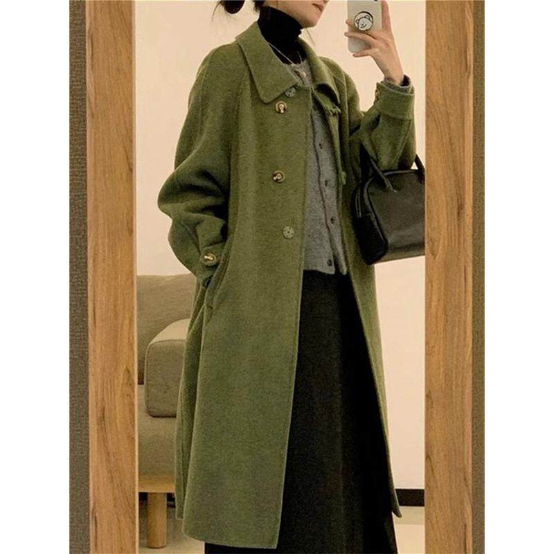 高级感绿色呢子大衣女中长款2023秋冬日系小个子搭配显高毛呢,淘宝优惠券,粉丝福利购,淘宝优惠卷