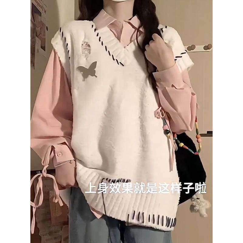 两件套装学院风设计感流苏百搭V领衫毛衣马甲女学生+衬衫,淘宝优惠券,粉丝福利购,淘宝优惠卷