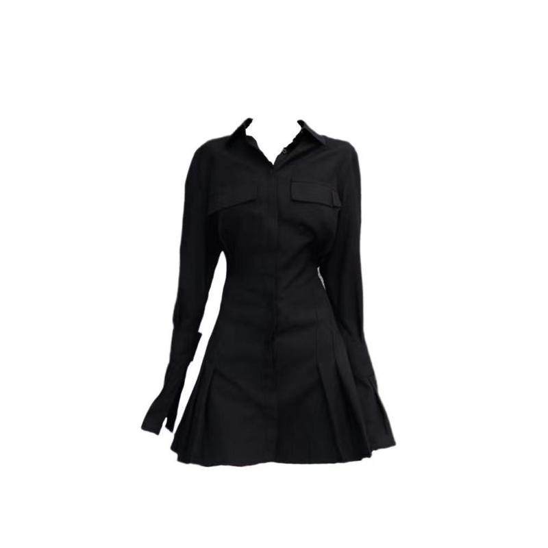 2024秋季设计感高级黑色收腰衬衫裙女显瘦单排扣喇叭袖a摆,淘宝优惠券,粉丝福利购,淘宝优惠卷