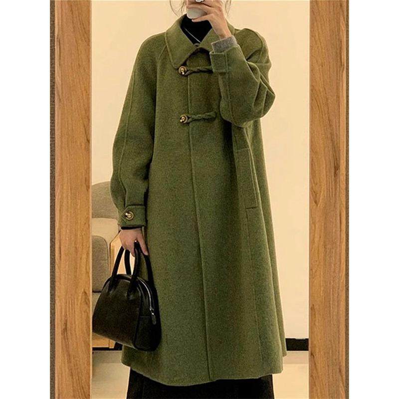 高级感绿色呢子大衣女中长款2023秋冬日系小个子搭配显高毛呢,淘宝优惠券,粉丝福利购,淘宝优惠卷
