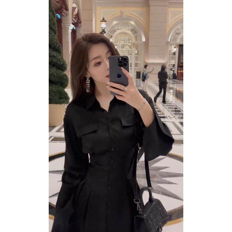 2024秋季设计感高级黑色收腰衬衫裙女显瘦单排扣喇叭袖a摆,淘宝优惠券,粉丝福利购,淘宝优惠卷
