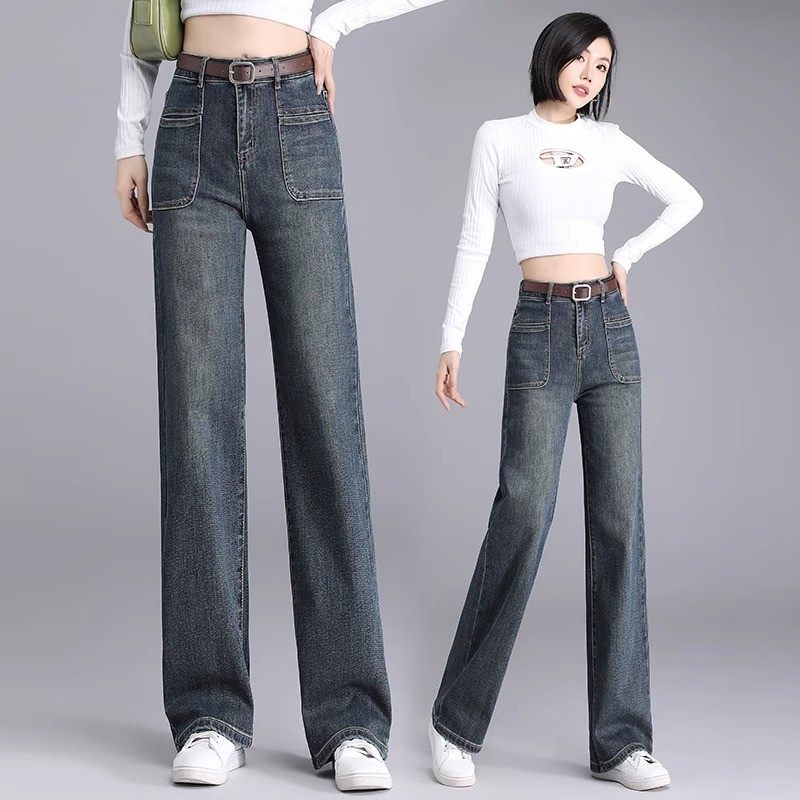 牛仔阔腿裤女冬季加绒加厚窄版直筒裤2024新款韩版大码拖地裤,淘宝优惠券,粉丝福利购,淘宝优惠卷