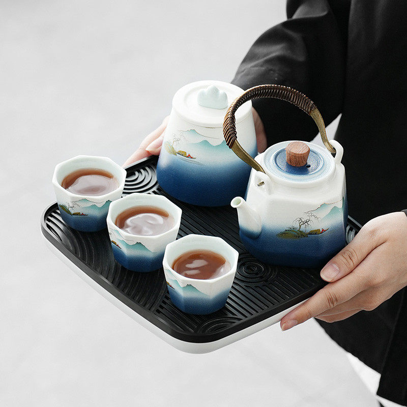 Travel ceramic kung fu tea set small set for outdoor camping portable bag one pot six cups teapot tea cup