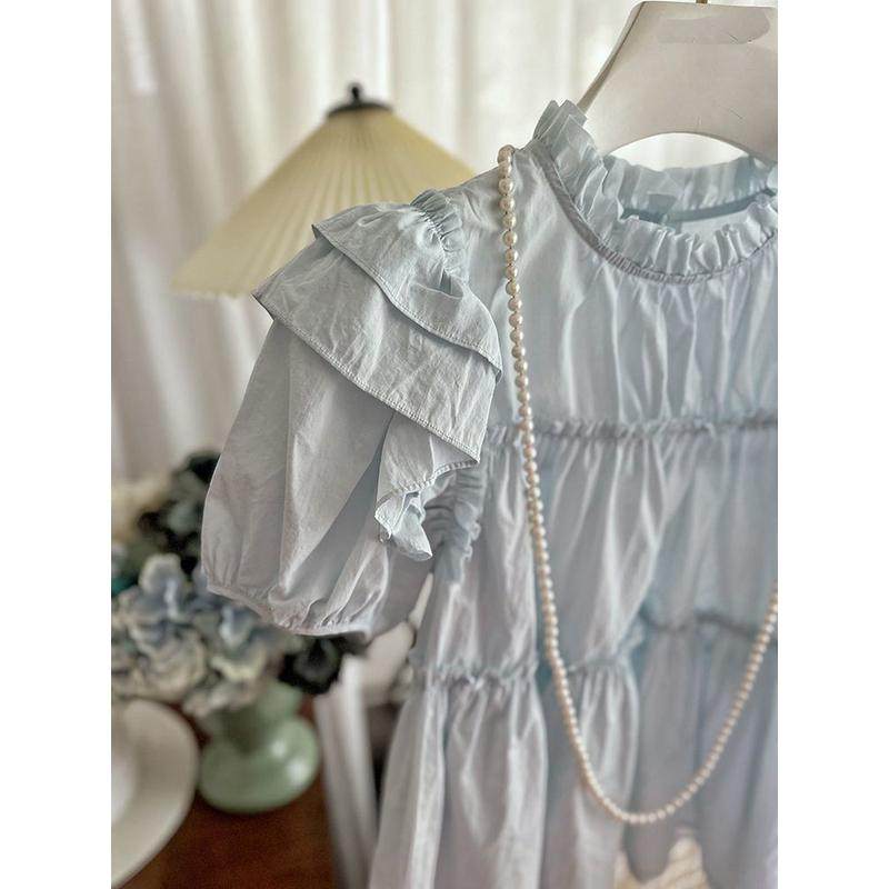 2024新款时尚女夏季设计感圆领木耳边拼接纯色宽松衬衫娃娃衫,淘宝优惠券,粉丝福利购,淘宝优惠卷