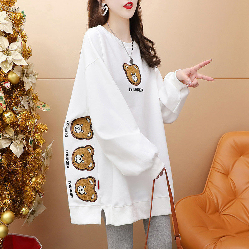 设计感开叉圆领女春秋薄款胖mm大码遮肚子200斤卡通刺绣,淘宝优惠券,粉丝福利购,淘宝优惠卷