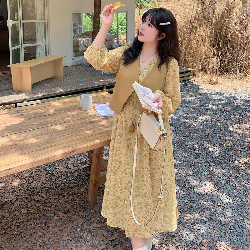 胖mm秋天女新款套装裙大码氛围感马甲+雪纺碎花两件套,淘宝优惠券,粉丝福利购,淘宝优惠卷