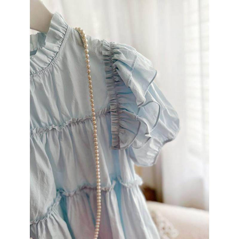 2024新款时尚女夏季设计感圆领木耳边拼接纯色宽松衬衫娃娃衫,淘宝优惠券,粉丝福利购,淘宝优惠卷