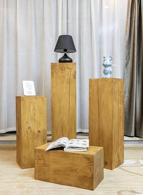 复古浅胡桃木墩子原木实木根雕凳子花架地台底座玄关摆件展示架