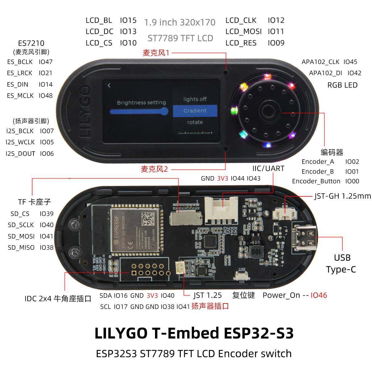 LILYGO? T-Embed ESP32-S3 1.9寸LCD RGB麦克风旋转编码器开发板 - 图2