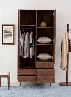 北美黑胡桃木组合衣柜日式实木整体衣柜双开门推门衣柜卧室储物柜