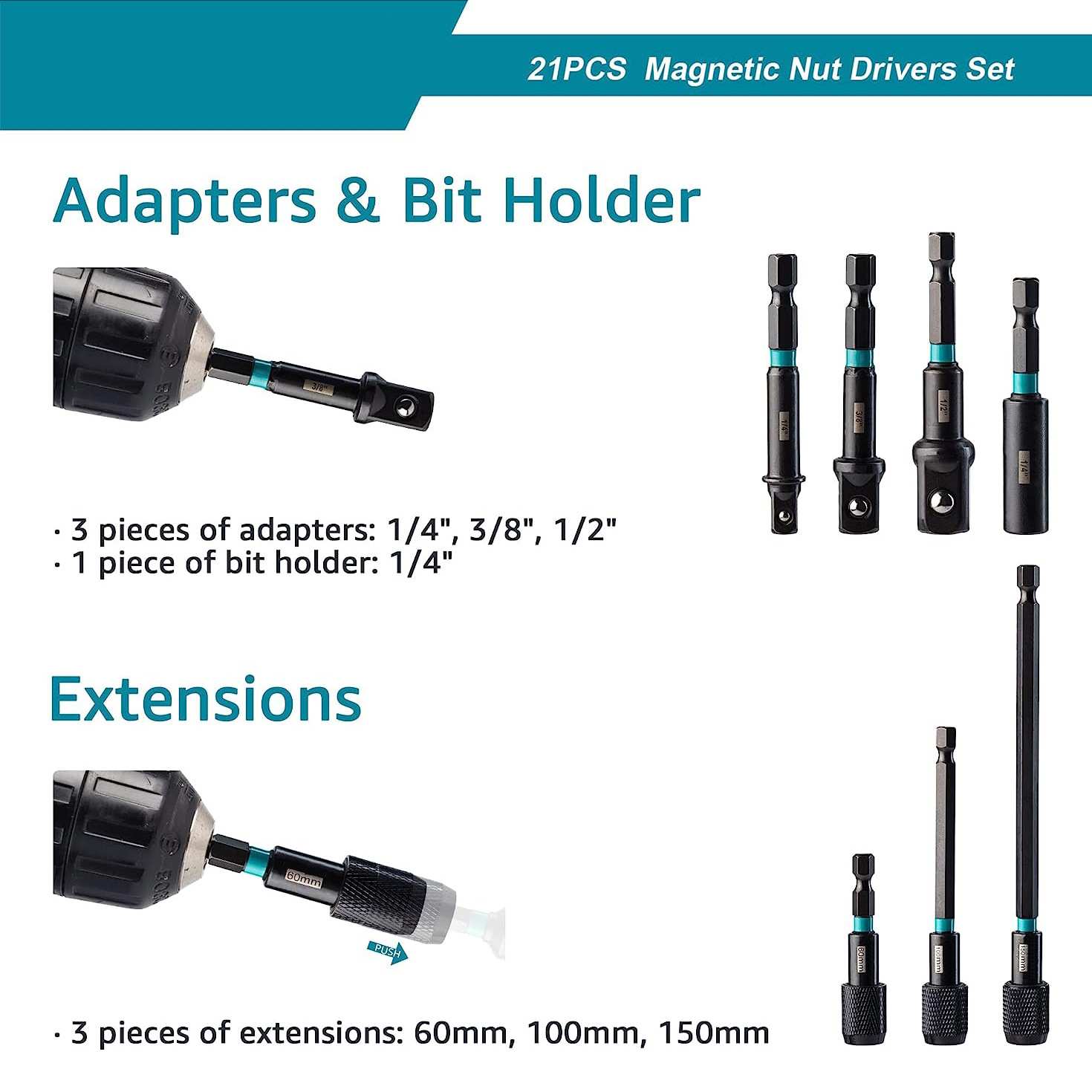 21PCS磁性风批套筒1/4六角气动起子套筒公英制螺母加长Nut Driver - 图1