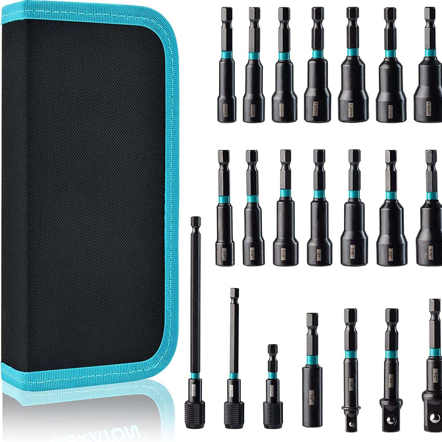 21PCS磁性风批套筒1/4六角气动起子套筒公英制螺母加长Nut Driver - 图0