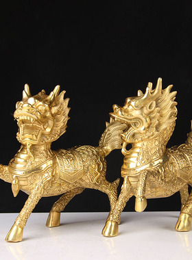 铜麒麟摆件一对 铜财富麒麟  铜火麒麟摆件一对