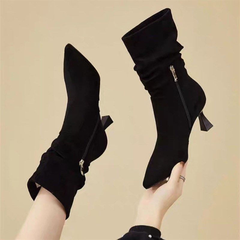 中筒靴女靴子秋冬季2025新款时尚百搭尖头短靴女高跟鞋绒面堆堆靴,淘宝优惠券,粉丝福利购,淘宝优惠卷
