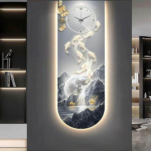 九鱼图带时钟表入户门玄关装饰画 画高级感壁灯现代轻奢走廊过道 - 图1