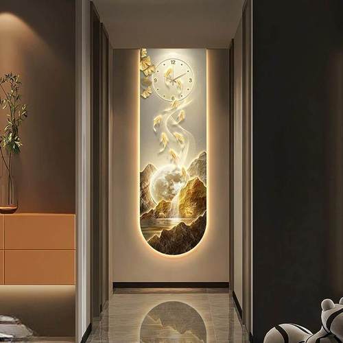 九鱼图带时钟表入户门玄关装饰画 画高级感壁灯现代轻奢走廊过道 - 图0