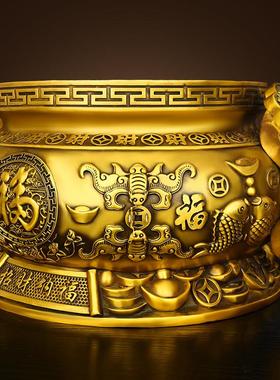 纯黄盆铜香炉聚宝摆件八福意大圆底如平YPD底财炉家用供福奉室内