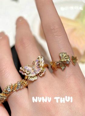 古法花丝螺钿 流光珐琅彩蝴蝶戒指 玲珑花蝶花藤排列锆石戒指套装