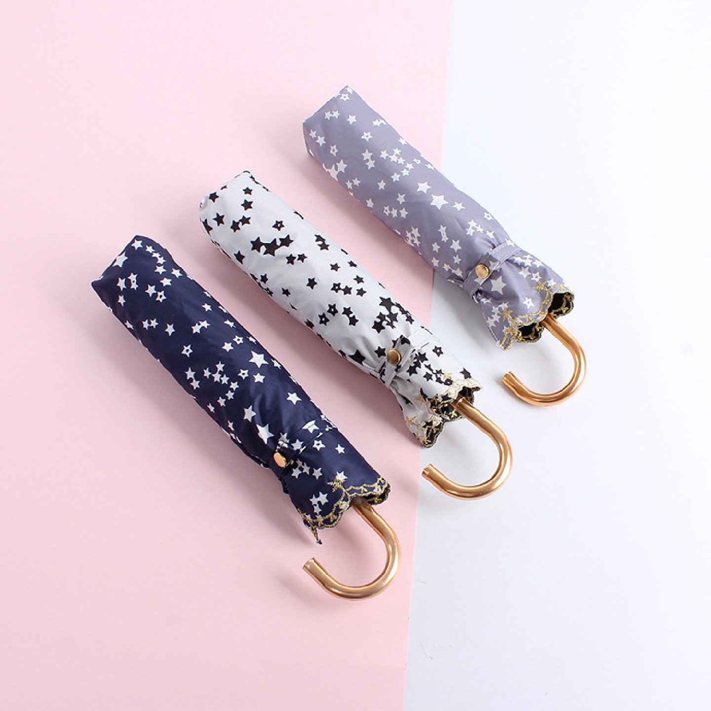 现货新款数码印五角星星刺绣黑胶全遮金色弯柄弯钩遮阳伞晴雨伞,淘宝优惠券,粉丝福利购,淘宝优惠卷