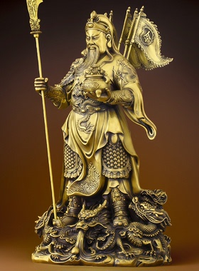 黄铜九龙关公摆件招财武财神关二爷神像聚宝盆居家客厅玄关装饰品