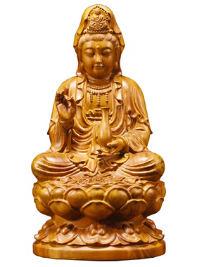 香樟木雕观音菩萨佛像摆件实木南海坐莲观世音家居客厅玄关装饰品